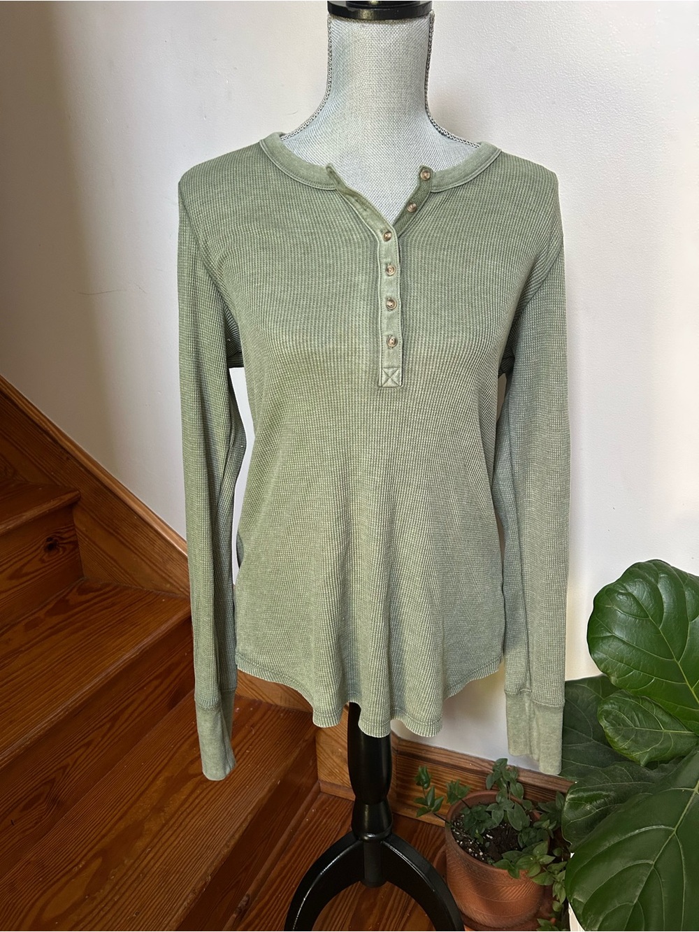 Aerie Long Sleeve Henley Top in Sage Green